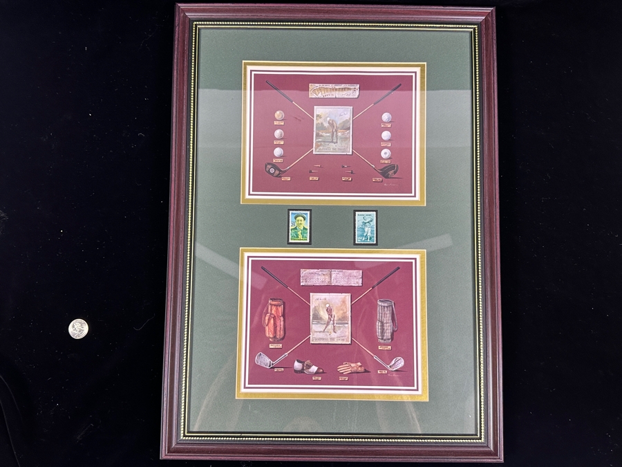 Just Added - American Stamp Collectibles Limited To 10,000 Featuring Stamps Of Golfers Francis Ouimet And Bobby Jones Framed With Decorative Vintage Golf Prints 16.5 X 22 [Photo 2]