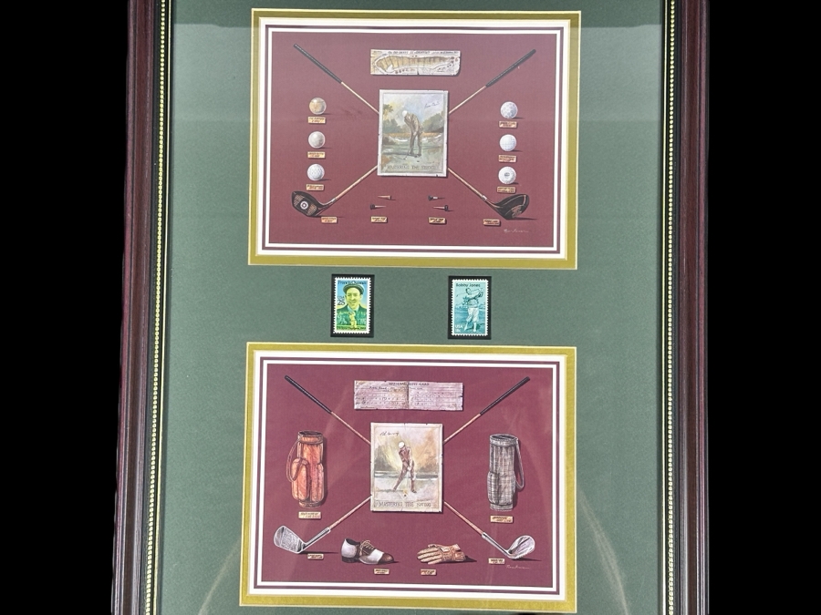 Just Added - American Stamp Collectibles Limited To 10,000 Featuring Stamps Of Golfers Francis Ouimet And Bobby Jones Framed With Decorative Vintage Golf Prints 16.5 X 22