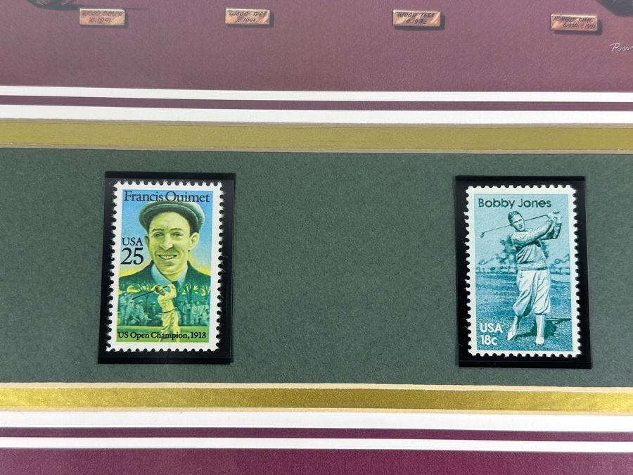 Just Added - American Stamp Collectibles Limited To 10,000 Featuring Stamps Of Golfers Francis Ouimet And Bobby Jones Framed With Decorative Vintage Golf Prints 16.5 X 22 [Photo 3]