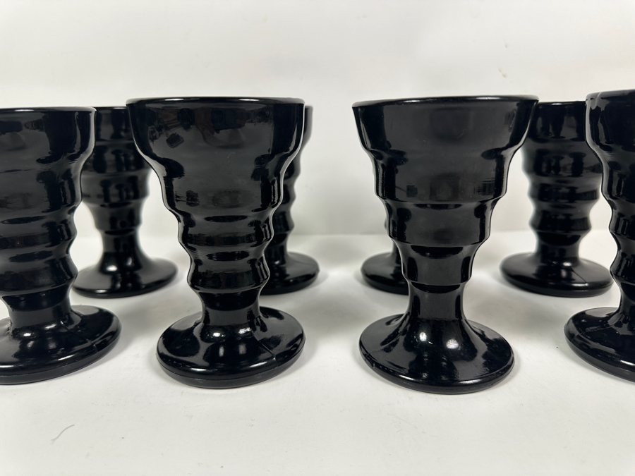 Just Added - (8) Black Onyx Glass Vee Cup Ice Cream/Soda Cups Circa 1930's 5 3/8H [Photo 5]