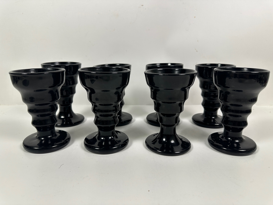 Just Added - (8) Black Onyx Glass Vee Cup Ice Cream/Soda Cups Circa 1930's 5 3/8H [Photo 2]