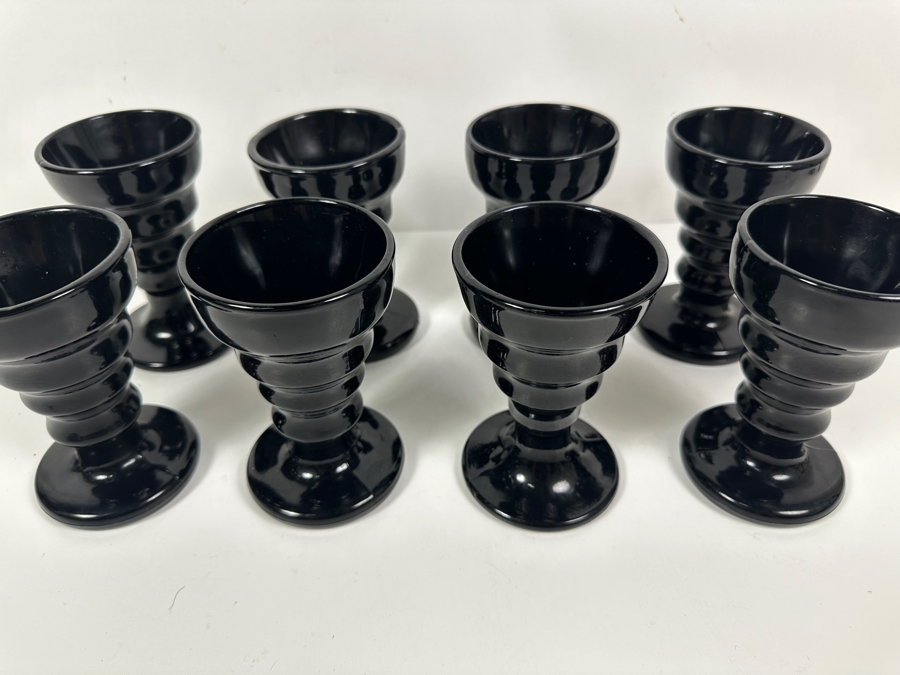 Just Added - (8) Black Onyx Glass Vee Cup Ice Cream/Soda Cups Circa 1930's 5 3/8H [Photo 6]