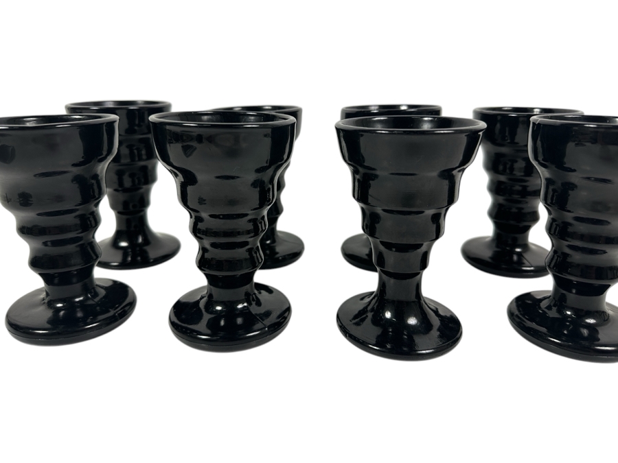 Just Added - (8) Black Onyx Glass Vee Cup Ice Cream/Soda Cups Circa 1930's 5 3/8H
