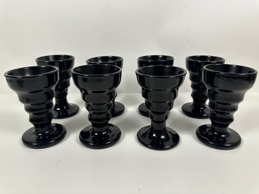 Just Added - (8) Black Onyx Glass Vee Cup Ice Cream/Soda Cups Circa 1930's 5 3/8H [Photo 3]