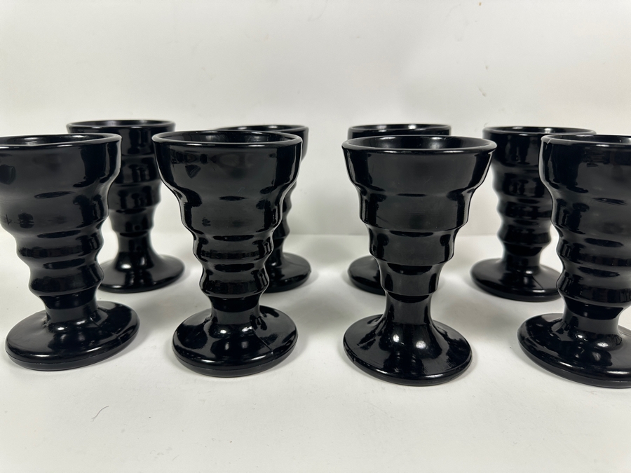 Just Added - (8) Black Onyx Glass Vee Cup Ice Cream/Soda Cups Circa 1930's 5 3/8H [Photo 4]