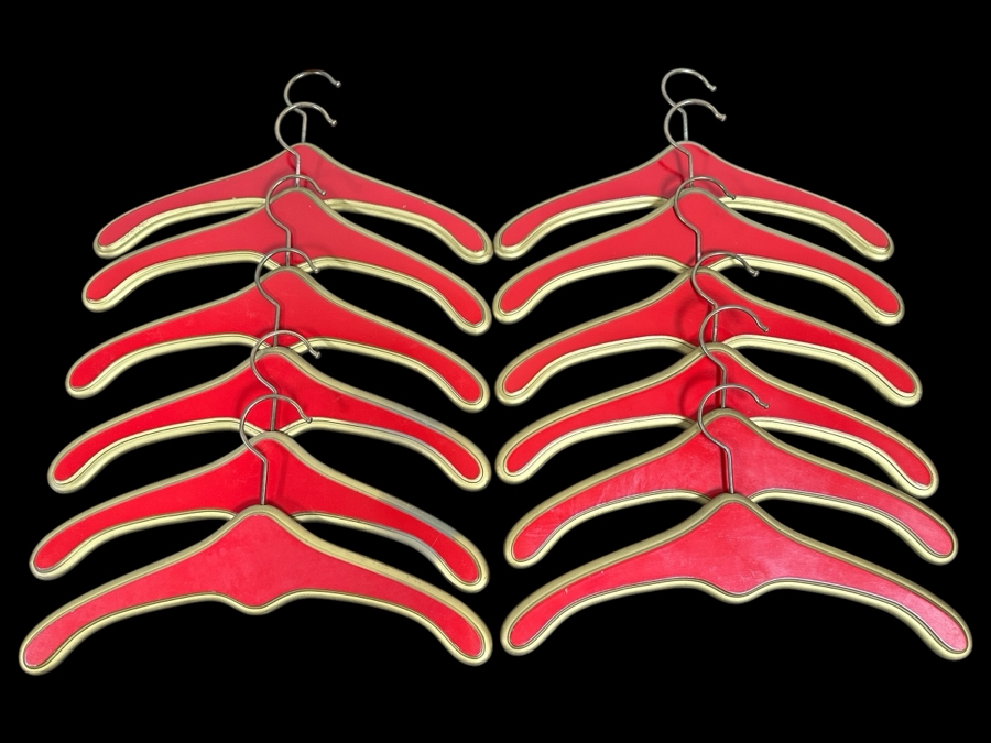 Just Added - (12) Red & Gold Wooden Hangers For Clothes