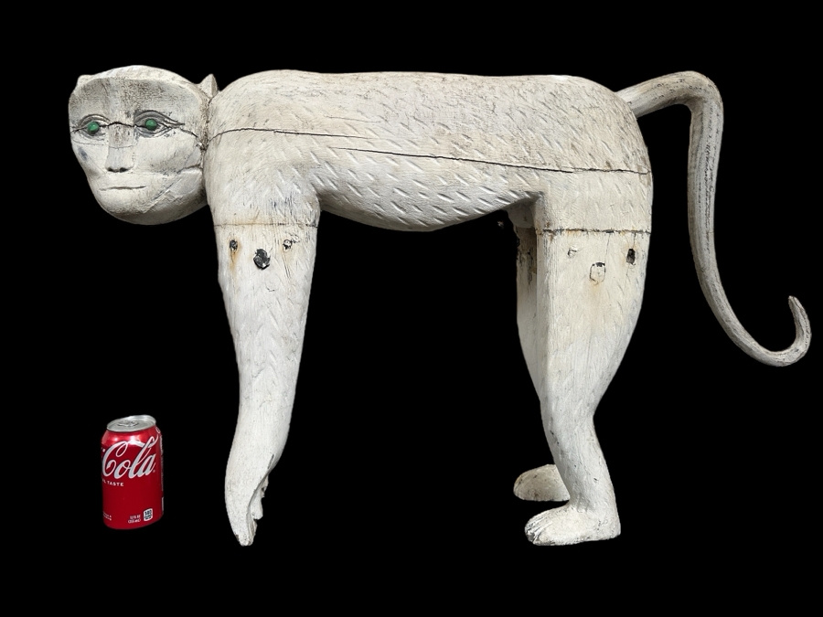 Just Added - Vintage Wooden Monkey Sculpture Painted White 36'W X 21'H [Photo 1]