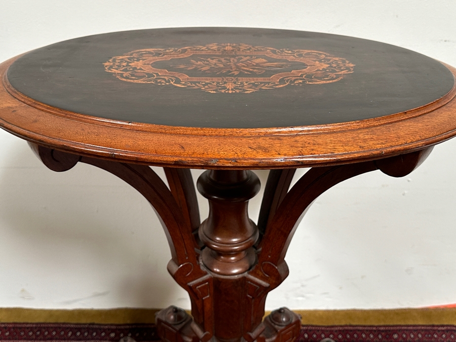 Just Added - Antique Victorian Marquetry Oval Pedestal Table 25W X 17.5D X 30.5H [Photo 9]