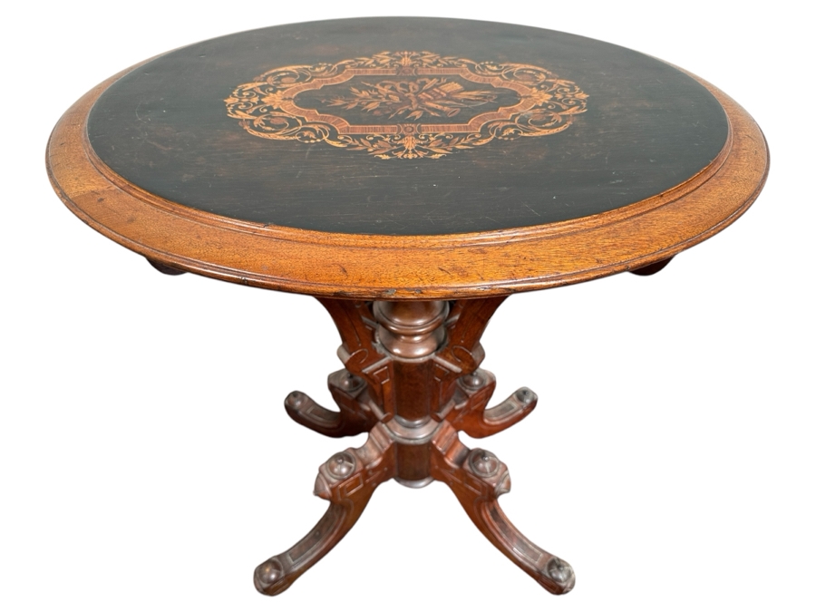 Just Added - Antique Victorian Marquetry Oval Pedestal Table 25W X 17.5D X 30.5H