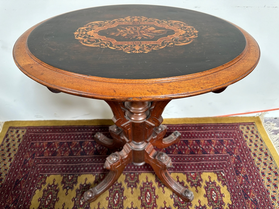 Just Added - Antique Victorian Marquetry Oval Pedestal Table 25W X 17.5D X 30.5H [Photo 4]