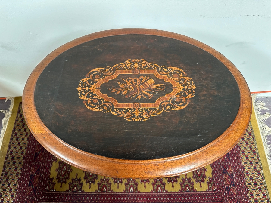 Just Added - Antique Victorian Marquetry Oval Pedestal Table 25W X 17.5D X 30.5H [Photo 5]