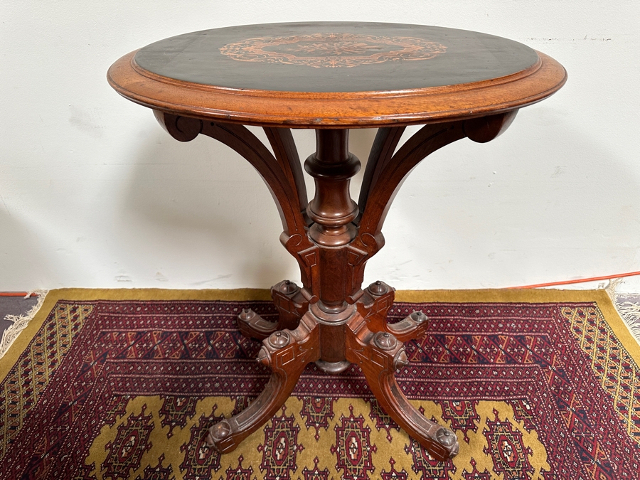Just Added - Antique Victorian Marquetry Oval Pedestal Table 25W X 17.5D X 30.5H [Photo 10]