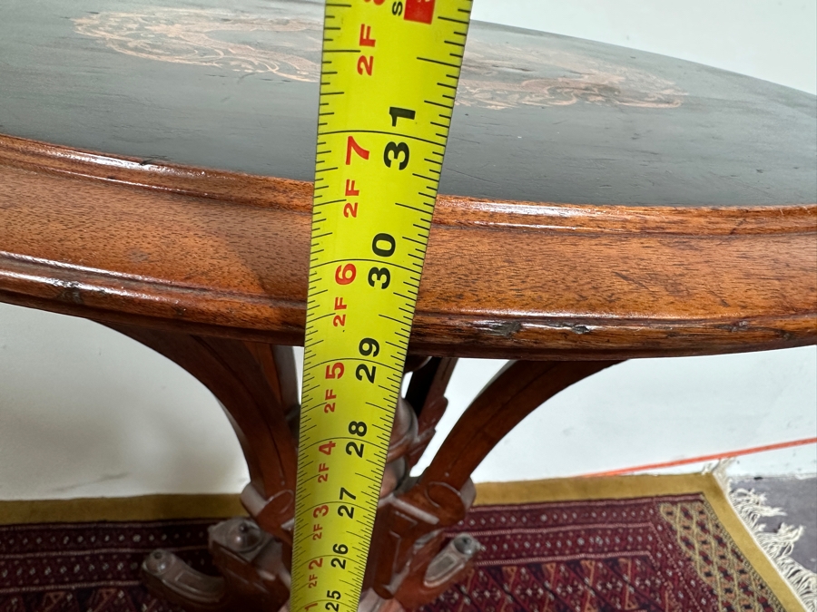 Just Added - Antique Victorian Marquetry Oval Pedestal Table 25W X 17.5D X 30.5H [Photo 13]