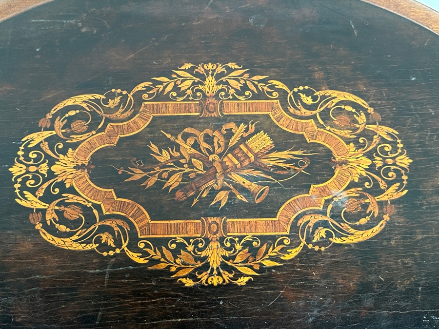 Just Added - Antique Victorian Marquetry Oval Pedestal Table 25W X 17.5D X 30.5H [Photo 6]