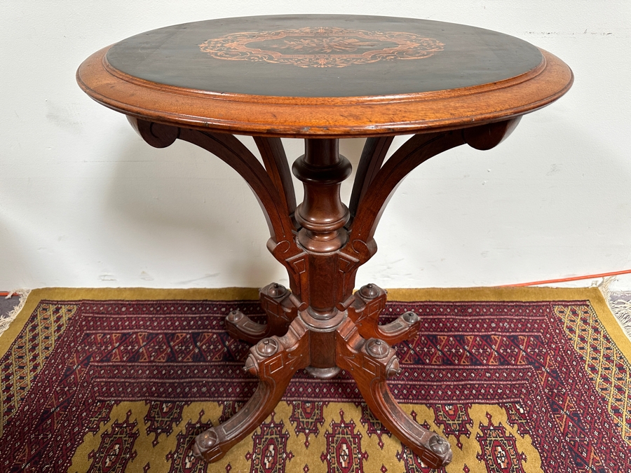 Just Added - Antique Victorian Marquetry Oval Pedestal Table 25W X 17.5D X 30.5H [Photo 3]