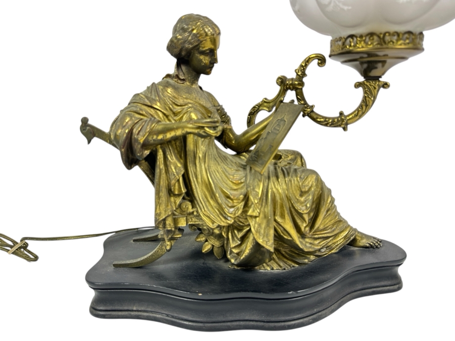 Just Added - Vintage Brass Figure Sculpture Table Lamp Signed Peiffer With Etched Glass Shade 15.5W X 7D X 20.5H [Photo 2]