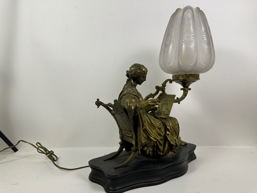 Just Added - Vintage Brass Figure Sculpture Table Lamp Signed Peiffer With Etched Glass Shade 15.5W X 7D X 20.5H [Photo 10]