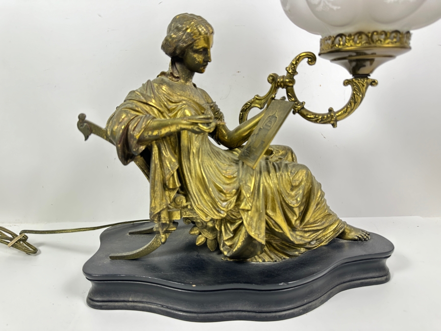 Just Added - Vintage Brass Figure Sculpture Table Lamp Signed Peiffer With Etched Glass Shade 15.5W X 7D X 20.5H [Photo 5]