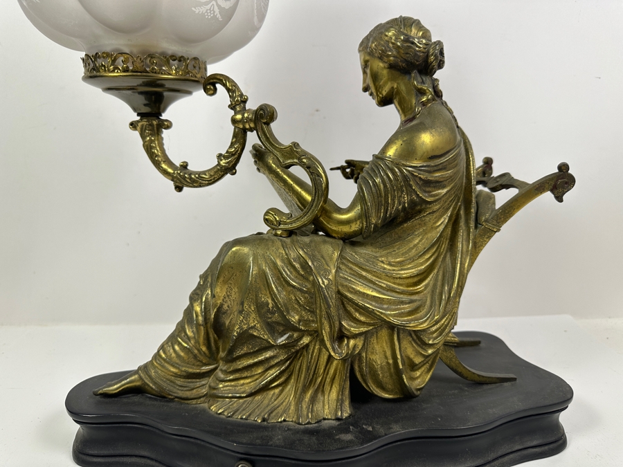 Just Added - Vintage Brass Figure Sculpture Table Lamp Signed Peiffer With Etched Glass Shade 15.5W X 7D X 20.5H [Photo 15]