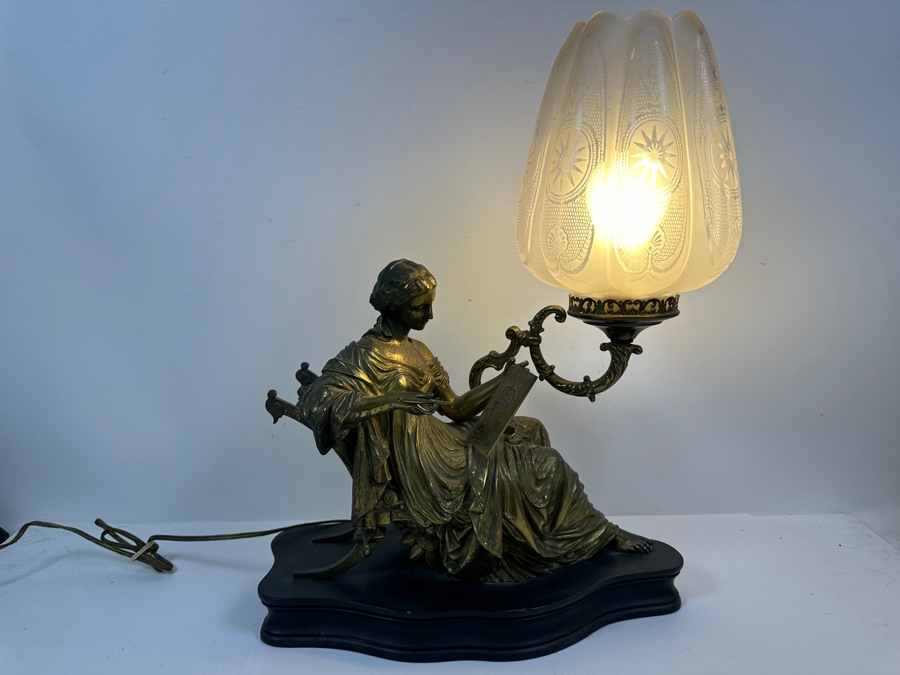 Just Added - Vintage Brass Figure Sculpture Table Lamp Signed Peiffer With Etched Glass Shade 15.5W X 7D X 20.5H [Photo 3]