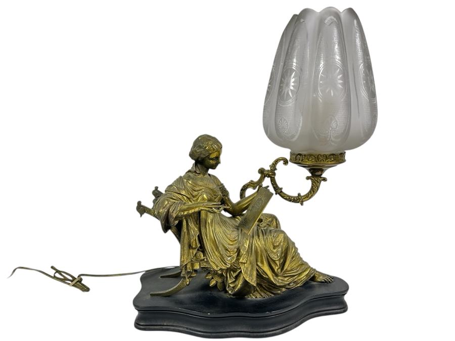 Just Added - Vintage Brass Figure Sculpture Table Lamp Signed Peiffer With Etched Glass Shade 15.5W X 7D X 20.5H
