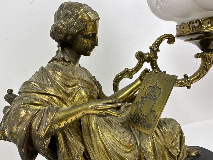 Just Added - Vintage Brass Figure Sculpture Table Lamp Signed Peiffer With Etched Glass Shade 15.5W X 7D X 20.5H [Photo 7]