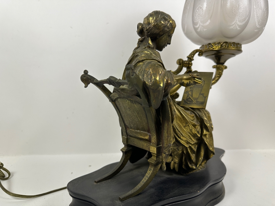 Just Added - Vintage Brass Figure Sculpture Table Lamp Signed Peiffer With Etched Glass Shade 15.5W X 7D X 20.5H [Photo 11]