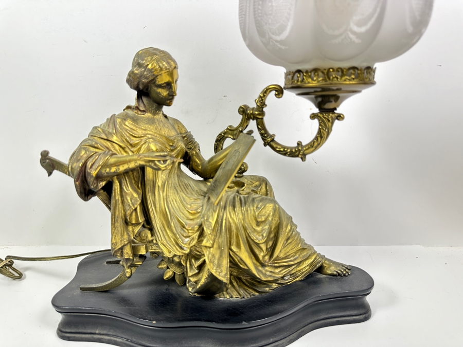 Just Added - Vintage Brass Figure Sculpture Table Lamp Signed Peiffer With Etched Glass Shade 15.5W X 7D X 20.5H [Photo 6]