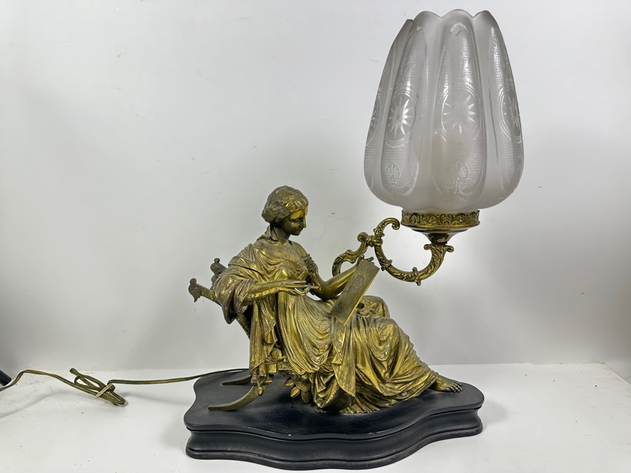 Just Added - Vintage Brass Figure Sculpture Table Lamp Signed Peiffer With Etched Glass Shade 15.5W X 7D X 20.5H [Photo 4]