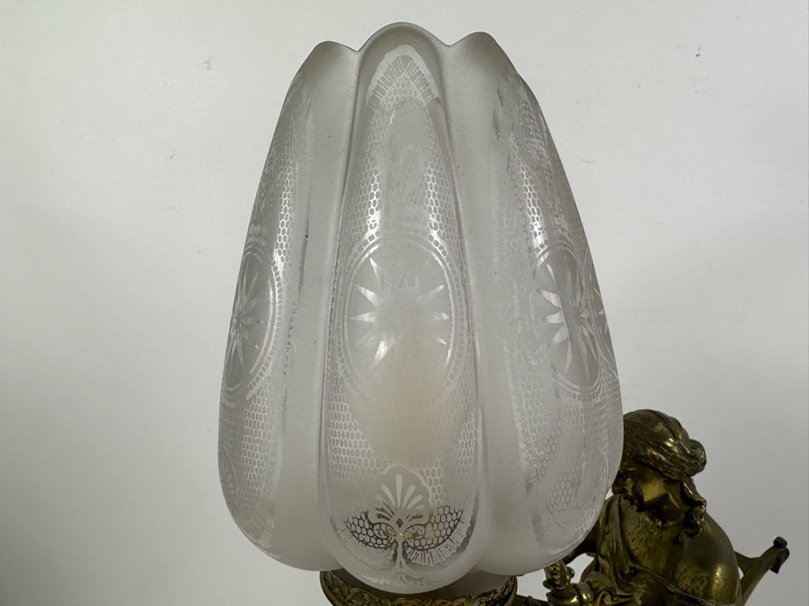 Just Added - Vintage Brass Figure Sculpture Table Lamp Signed Peiffer With Etched Glass Shade 15.5W X 7D X 20.5H [Photo 18]