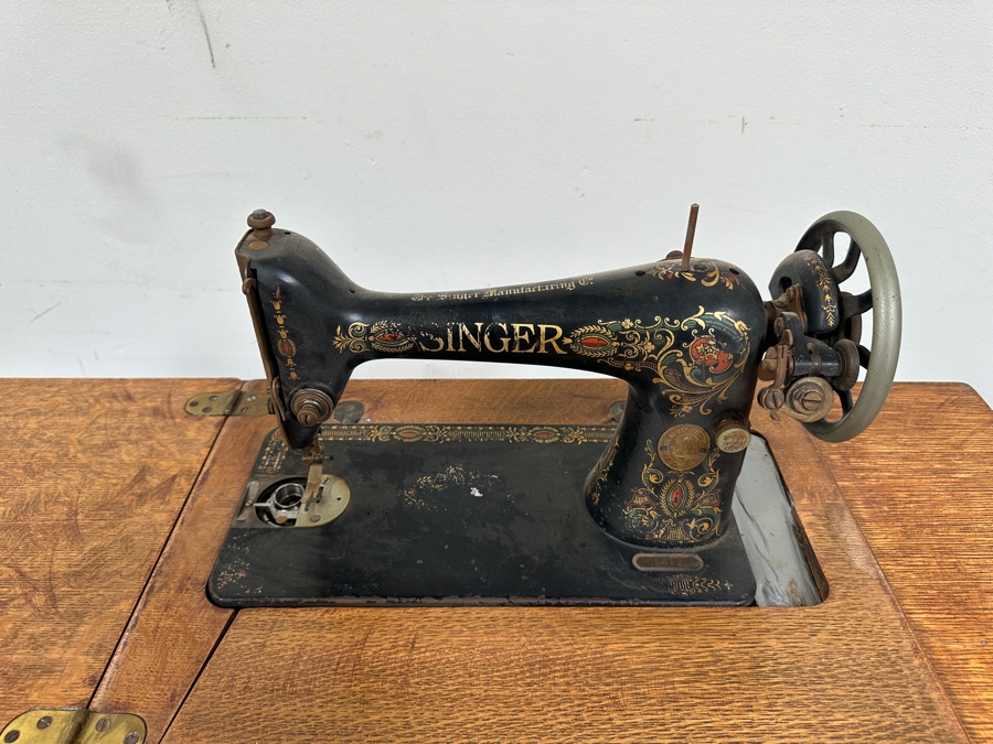 Just Added - Vintage Singer Sewing Machine with Foot Treadle in Tiger Oak Cabinet 36'W x 17'D x 31'H [Photo 8]