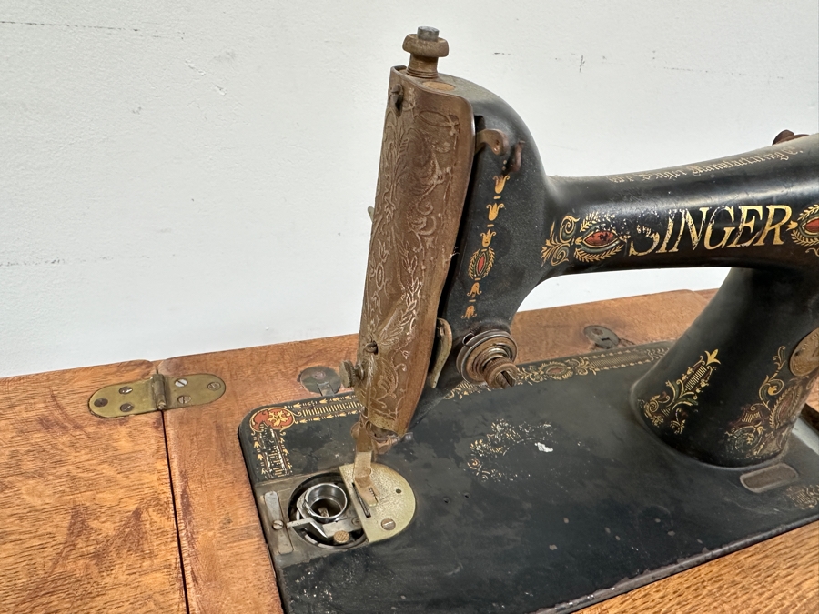 Just Added - Vintage Singer Sewing Machine with Foot Treadle in Tiger Oak Cabinet 36'W x 17'D x 31'H [Photo 13]
