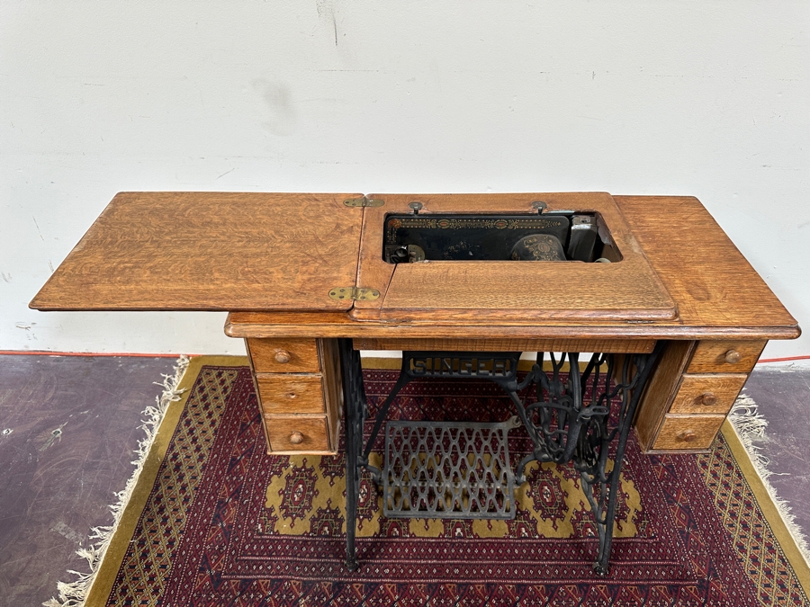 Just Added - Vintage Singer Sewing Machine with Foot Treadle in Tiger Oak Cabinet 36'W x 17'D x 31'H [Photo 7]