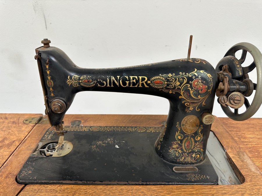 Just Added - Vintage Singer Sewing Machine with Foot Treadle in Tiger Oak Cabinet 36'W x 17'D x 31'H [Photo 9]