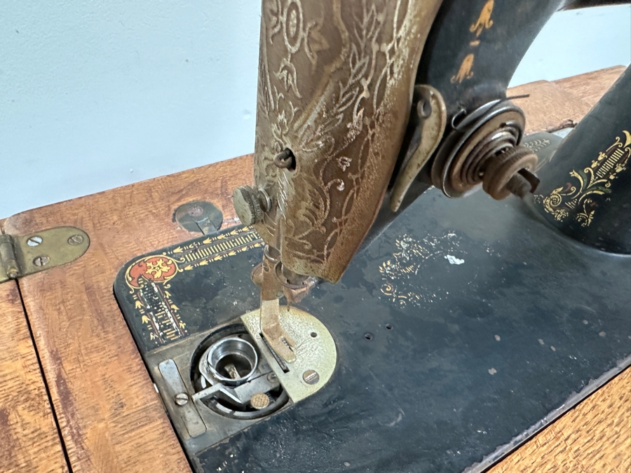 Just Added - Vintage Singer Sewing Machine with Foot Treadle in Tiger Oak Cabinet 36'W x 17'D x 31'H [Photo 12]