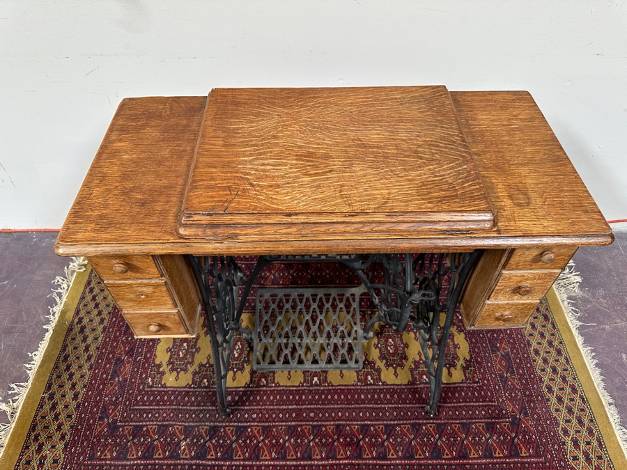 Just Added - Vintage Singer Sewing Machine with Foot Treadle in Tiger Oak Cabinet 36'W x 17'D x 31'H [Photo 6]