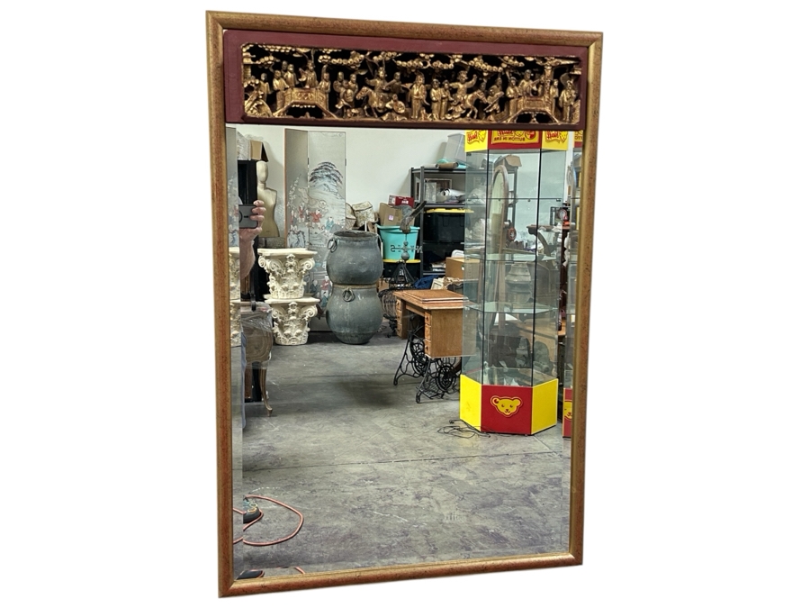 Just Added - Beveled Glass Wall Mirror With Vintage Chinese Relief Carved Panel At The Top Of Mirror 27.5W X 39.5H