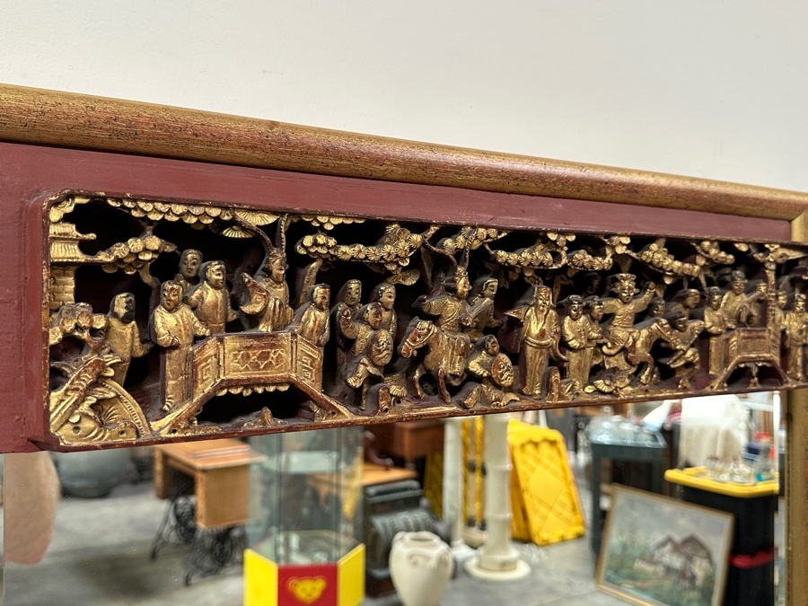 Just Added - Beveled Glass Wall Mirror With Vintage Chinese Relief Carved Panel At The Top Of Mirror 27.5W X 39.5H [Photo 4]