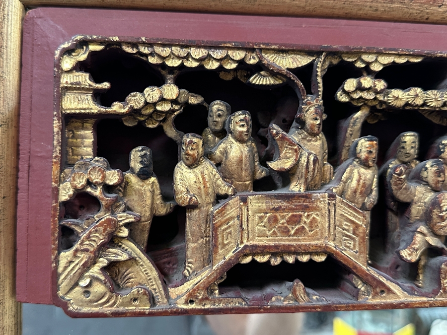 Just Added - Beveled Glass Wall Mirror With Vintage Chinese Relief Carved Panel At The Top Of Mirror 27.5W X 39.5H [Photo 5]