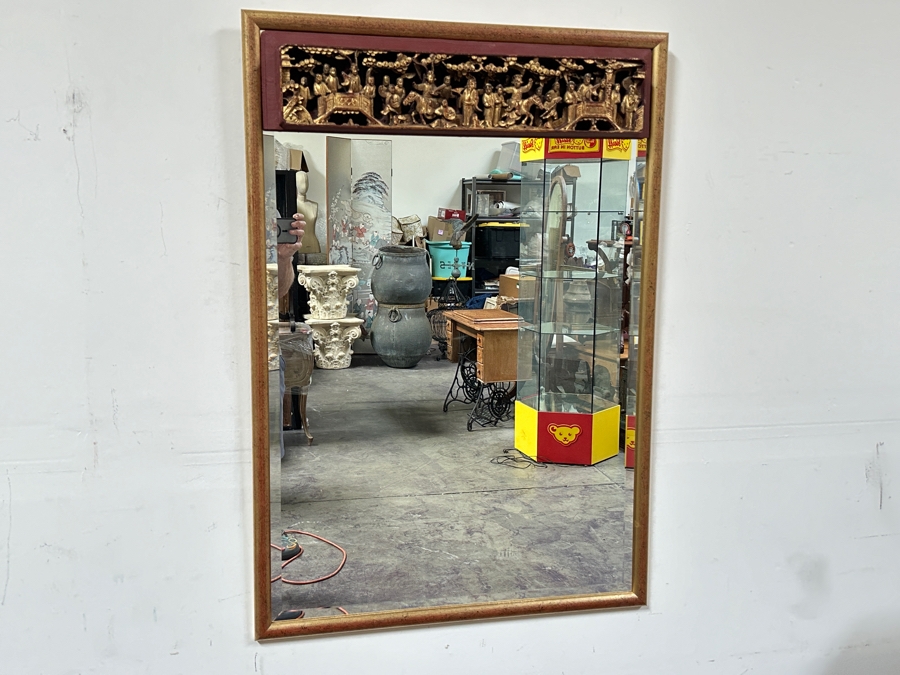 Just Added - Beveled Glass Wall Mirror With Vintage Chinese Relief Carved Panel At The Top Of Mirror 27.5W X 39.5H [Photo 3]