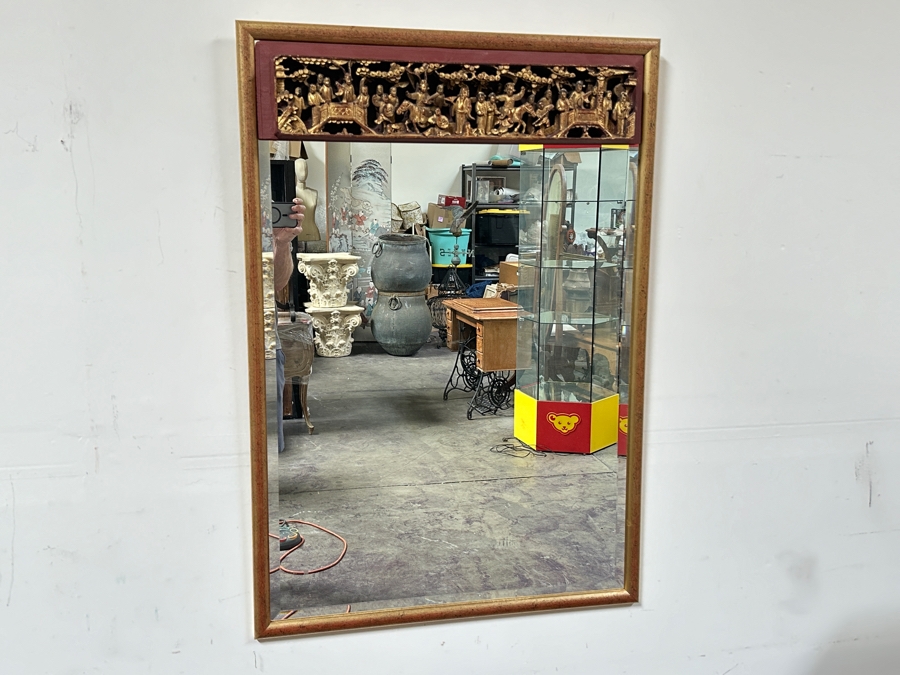 Just Added - Beveled Glass Wall Mirror With Vintage Chinese Relief Carved Panel At The Top Of Mirror 27.5W X 39.5H [Photo 2]