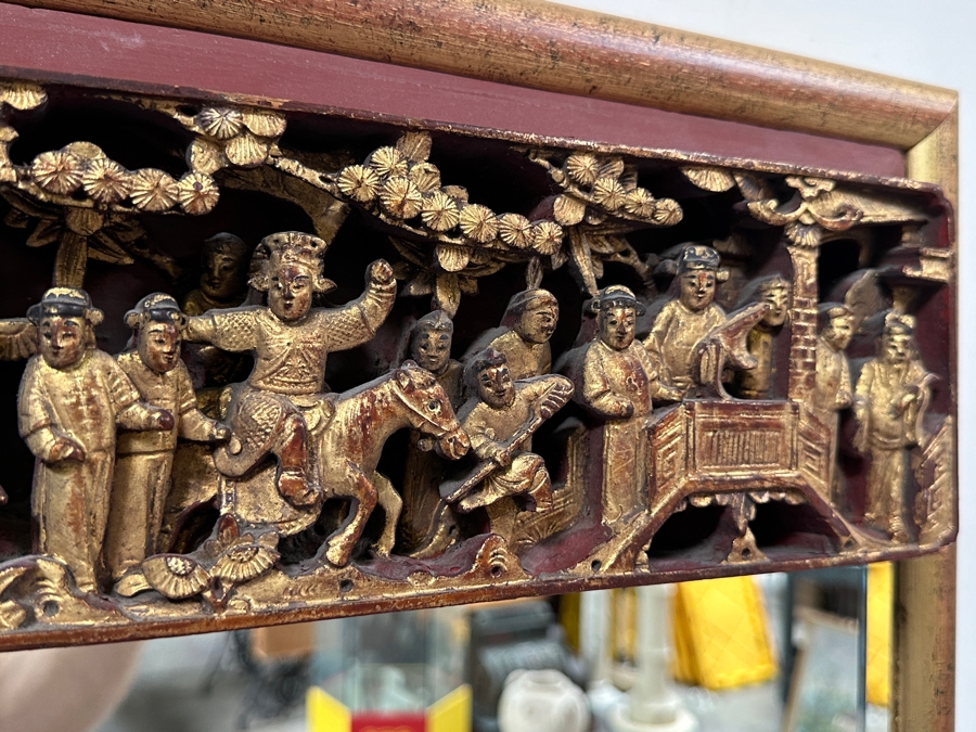 Just Added - Beveled Glass Wall Mirror With Vintage Chinese Relief Carved Panel At The Top Of Mirror 27.5W X 39.5H [Photo 7]