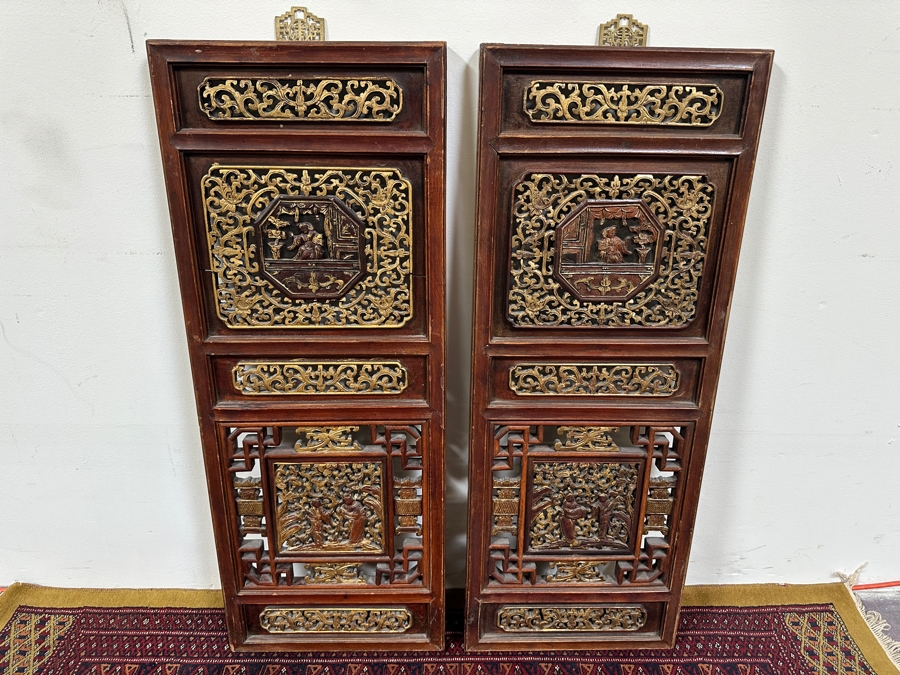 Just Added - Vintage Chinese Relief Carved Wooden Panels 15W X 40H [Photo 2]