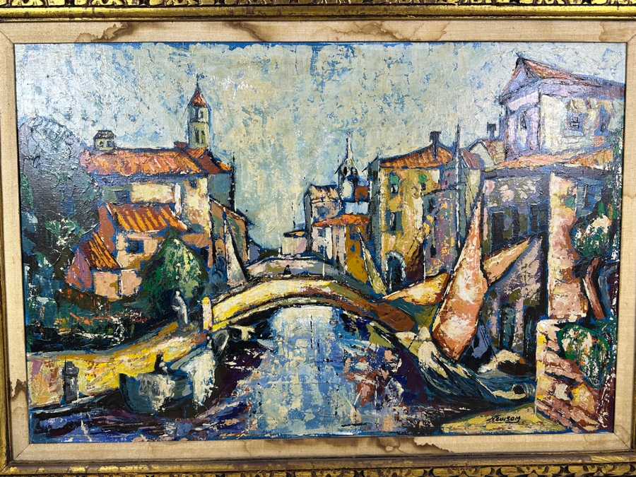 Just Added - Bill Newsom (20th Century, American) Original Mid-Century Abstract Painting On Canvas Of Venice Canal Scene 36 X 24 Framed 44.5 X 32.5 [Photo 4]
