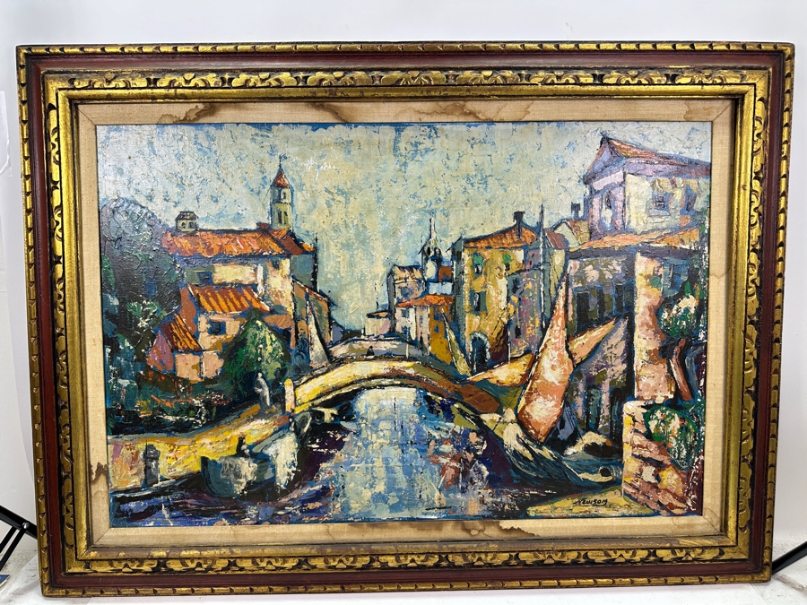 Just Added - Bill Newsom (20th Century, American) Original Mid-Century Abstract Painting On Canvas Of Venice Canal Scene 36 X 24 Framed 44.5 X 32.5 [Photo 5]