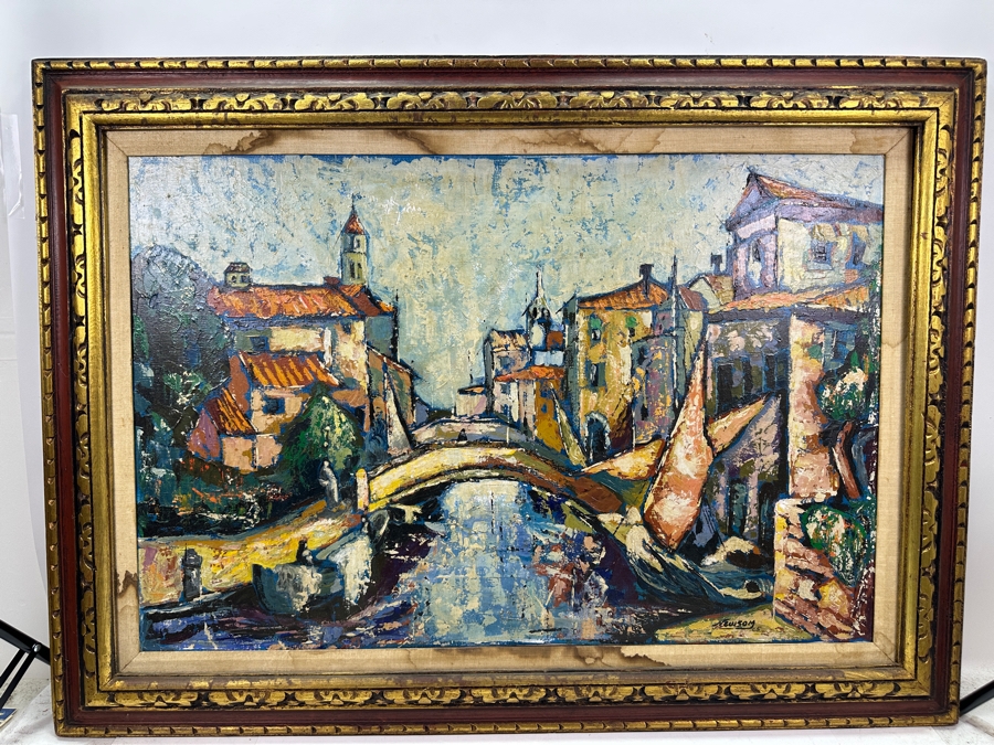 Just Added - Bill Newsom (20th Century, American) Original Mid-Century Abstract Painting On Canvas Of Venice Canal Scene 36 X 24 Framed 44.5 X 32.5 [Photo 6]
