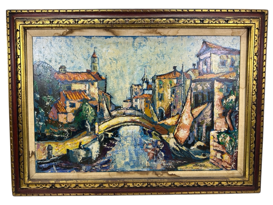 Just Added - Bill Newsom (20th Century, American) Original Mid-Century Abstract Painting On Canvas Of Venice Canal Scene 36 X 24 Framed 44.5 X 32.5 [Photo 2]