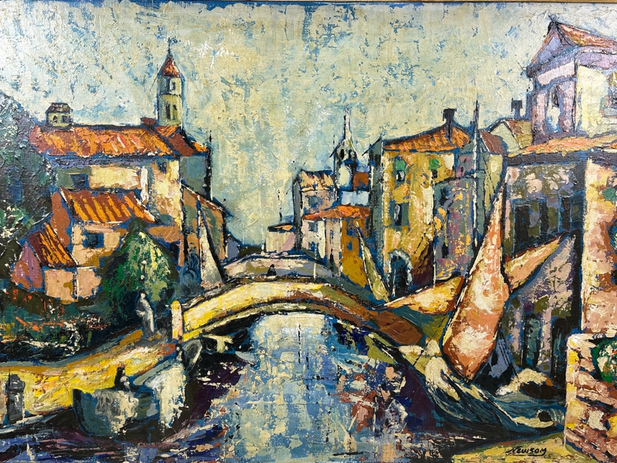 Just Added - Bill Newsom (20th Century, American) Original Mid-Century Abstract Painting On Canvas Of Venice Canal Scene 36 X 24 Framed 44.5 X 32.5