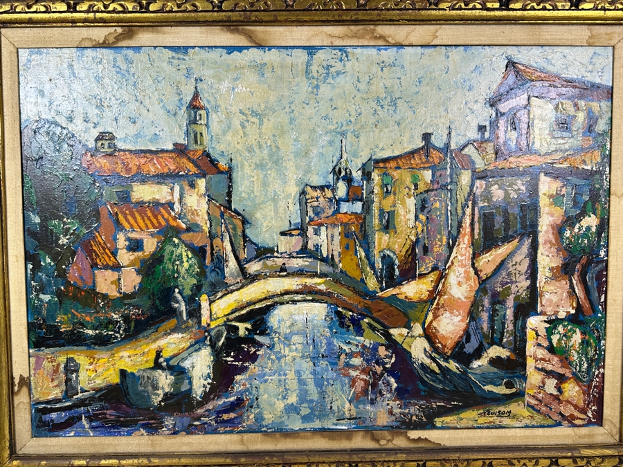 Just Added - Bill Newsom (20th Century, American) Original Mid-Century Abstract Painting On Canvas Of Venice Canal Scene 36 X 24 Framed 44.5 X 32.5 [Photo 3]