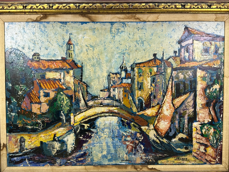 Just Added - Bill Newsom (20th Century, American) Original Mid-Century Abstract Painting On Canvas Of Venice Canal Scene 36 X 24 Framed 44.5 X 32.5 [Photo 7]